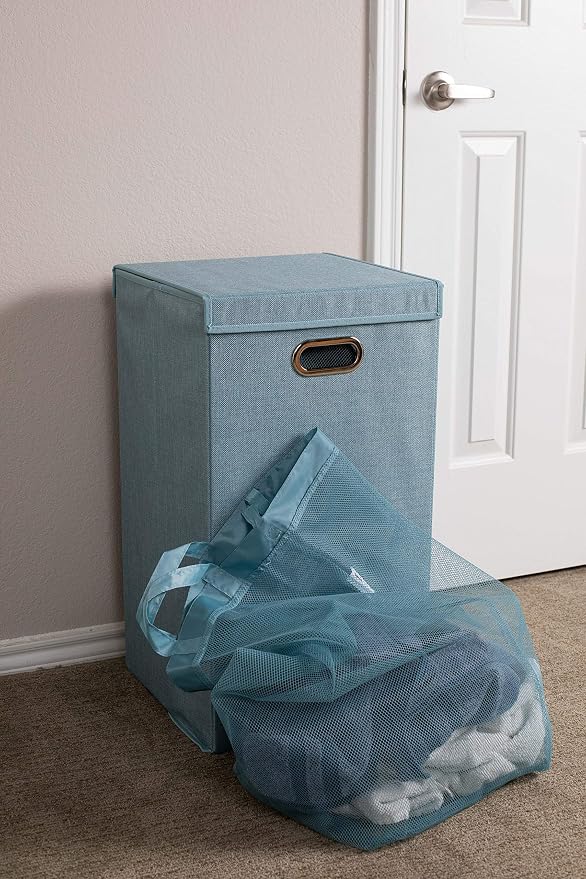 BIRDROCK HOME Laundry Hamper with Lid | Removable Bags for Sorting Clothes | Sectioned Laundry Basket for Bedroom & Bathroom | Collapsible Storage Bin with Cover | Single, Light Blue