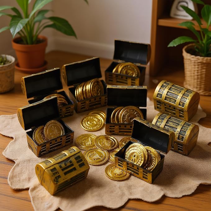 36Pcs Mini pirate treasure chest 2.28 x 1 x 1.57 Inch Plastic toy pirate chest with a Gold finish Vintage pirate small decorative box for Kids prizes Halloween Birthday Party Props