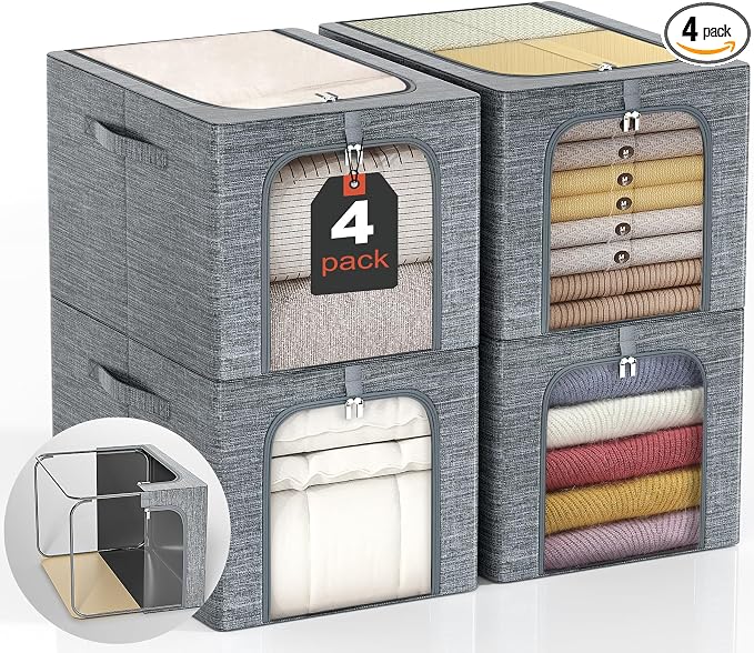GoMaihe Clothes Storage Bins with Metal Frame, 4-Pack Closet Storage Bins with Lid & Clear Window, Sweater Boxes Organizer for Closet, Clothing Storage, Cationic Fabric 40L