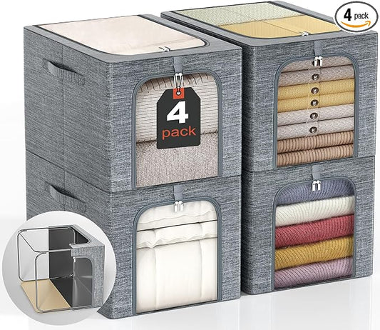 GoMaihe Clothes Storage Bins with Metal Frame, 4-Pack Closet Storage Bins with Lid & Clear Window, Sweater Boxes Organizer for Closet, Clothing Storage, Cationic Fabric 40L