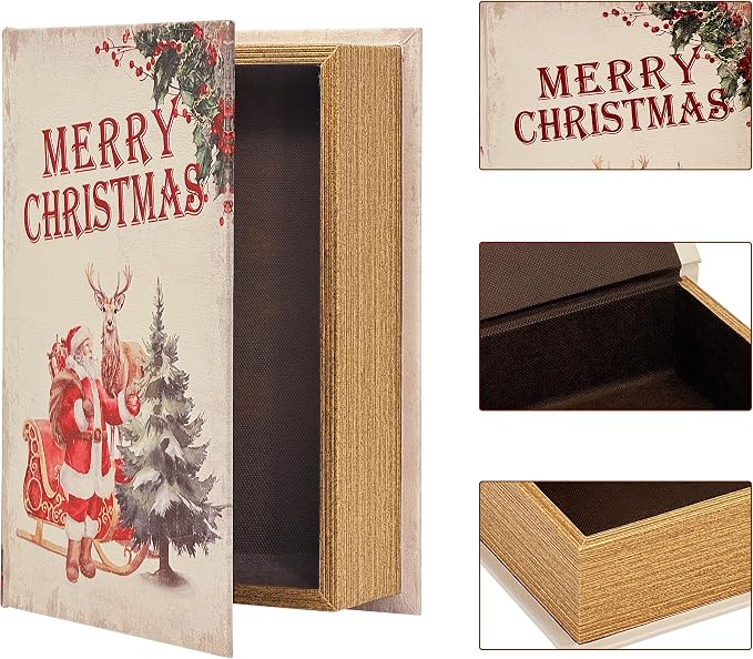 PACOLO Decorative Book Boxes, Faux Wood cover Storage for Hidden Jewelry, Money, and Cash (Merry Christmas)