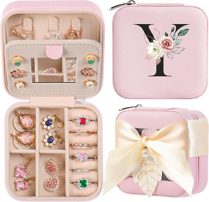 AYGXU Travel Jewelry Box for Women and Girls - Small Case With Initial A-Z - Teacher Gifts