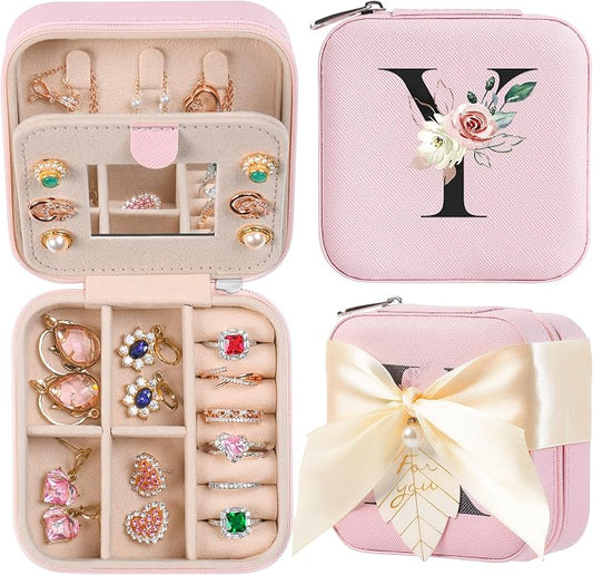 AYGXU Travel Jewelry Box for Women and Girls - Small Case With Initial A-Z - Teacher Gifts
