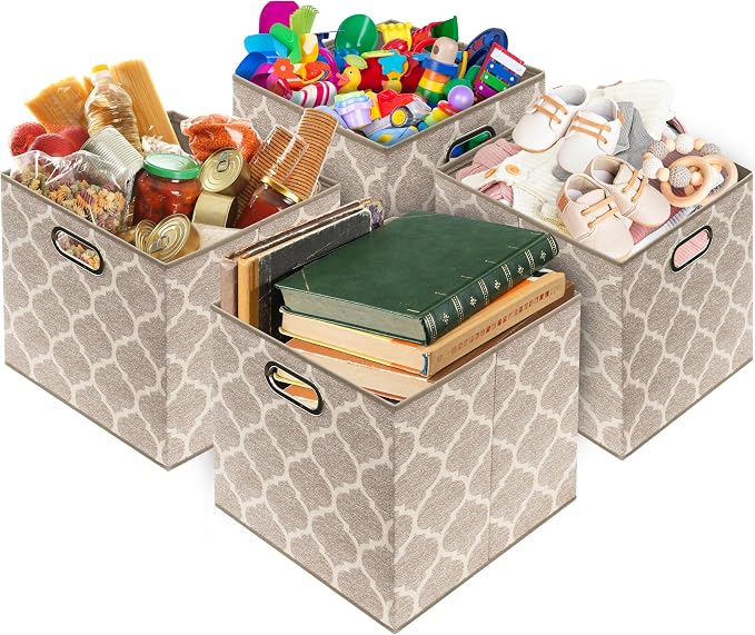 Simple Houseware 13-Inch Collapsible Fabric Cube Storage Bin with Handles, Printed Design, 3 Pack, Beige