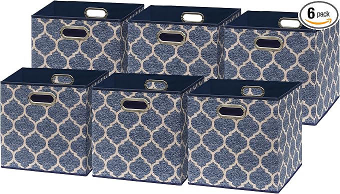 Simple Houseware 11-Inch Collapsible Fabric Cube Storage Bin with Handles, Printed Design, 6 Pack, Steel Blue