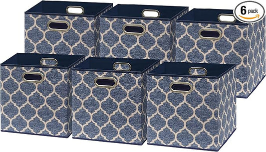 Simple Houseware 11-Inch Collapsible Fabric Cube Storage Bin with Handles, Printed Design, 6 Pack, Steel Blue