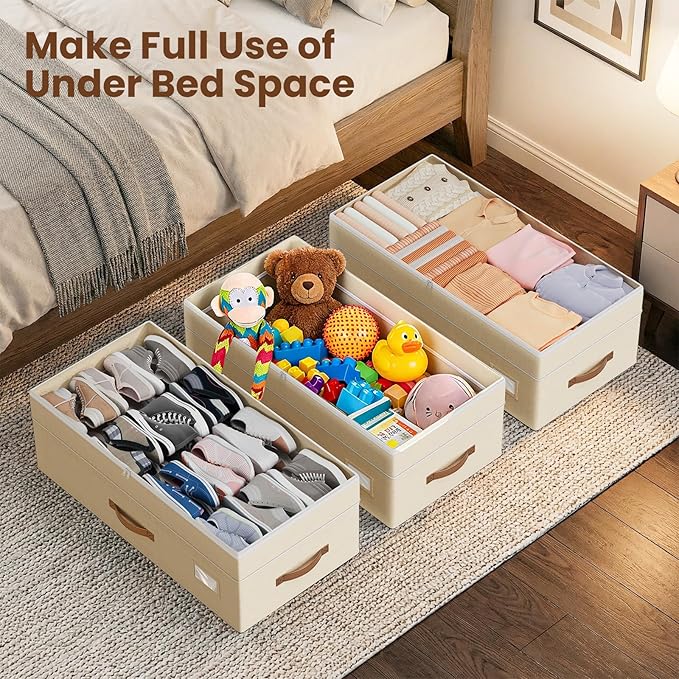 Budding Joy Under Bed Storage with Wheels 2Pack, 80L- Height Adjustable Underbed Containers with Clear Lids, Rolling Under Bed Shoe Storage Organizer for Dorm Home Clothes, Blankets, Toys, Beige