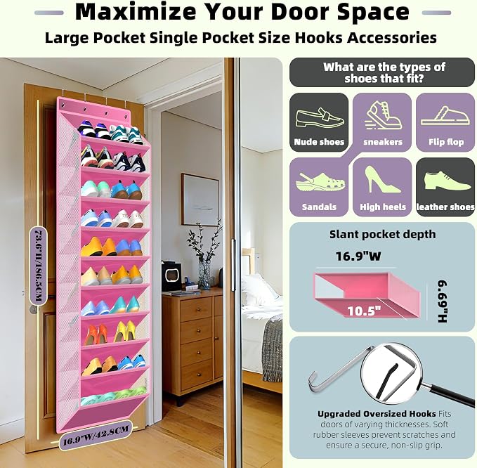 PAULONE 10-Pocket Multi-Use Over the Door Organizer, Heavy Duty 95lbs Capacity with Breathable Mesh, Versatile Hanging Storage for Shoes, Toys, Office Supplies-Classic (Blush Pink, 10-Shelf,)