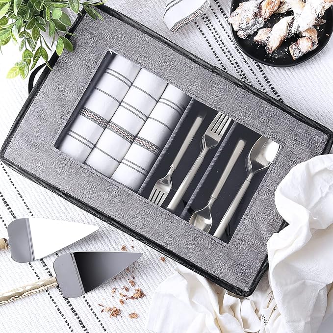 Flatware & Utensil Storage, Durable Silverware Storage Box with Padded Dividers, 5 Compartment Flatware Storage Case, Silverware Case with Handles and Removable Lid - Protects and Organizes Cutlery