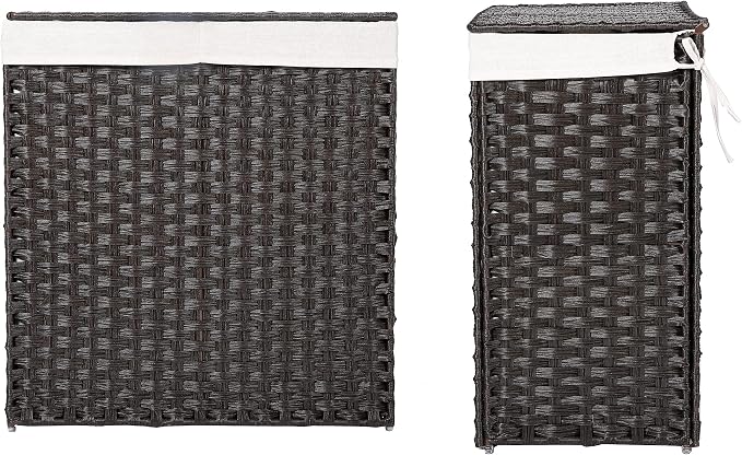 BIRDROCK HOME Divided Laundry Hamper with Lid - Brown - Double Sorter with Liner Bags - Large Collapsible Hampers - Foldable Bin - Synthetic PE Rattan - Hand Woven - Clothes Basket