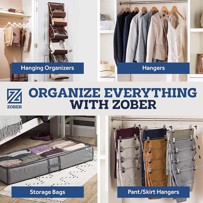 ZOBER Purse Organizer For Closet - Over The Door Purse Organizer W/ 6 Pockets for Easy Purse Storage - Durable Metal Hooks - Purse Rack W/Clear Pockets - White (2 Pack)