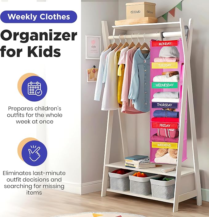 Handy Laundry Weekly Clothes Organizer for Kids, 6-Shelf Bamboo Reinforced | Days of the Week Hanging Closet Shelves, Monday Through Friday and Weekend, School Outfit Storage, Side Pockets, Pink