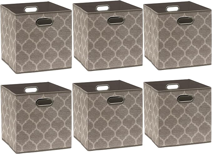Simple Houseware 11-Inch Collapsible Fabric Cube Storage Bin with Handles, Printed Design, 6 Pack, Beige