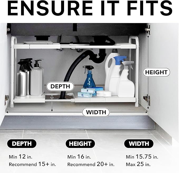 Simple Houseware Under Sink 2 Tier Expandable Heavy Duty Metal Shelf Organizer Rack, White (Expand from 15 to 25 inches)