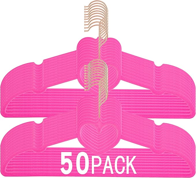 Velvet Hangers 50 Pack,16 Inch Non Slip Adult Heart Hanger(Hot Pink) | 360° Swivel Hooks, Cascade Design, Space Saving