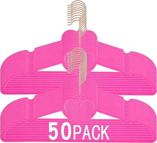 Velvet Hangers 50 Pack,16 Inch Non Slip Adult Heart Hanger(Hot Pink) | 360° Swivel Hooks, Cascade Design, Space Saving
