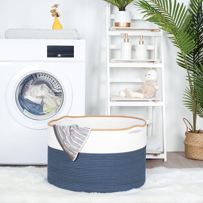 MINTWOOD Design Extra Large 22 x 14 Inches Decorative Woven Cotton Rope Blanket Storage Basket Bin Living Room and Laundry Hamper for Pillows, Pool Towels, Dog Toys, Shoes, Prussian Blue