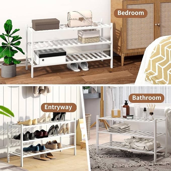 Bamboo Shoe Rack Stackable Shoe Shelf Storage Organizer for Unit Entryway Hallway and Closet Sturdy Freestanding Long Shoe Shelf(3L Tier White)