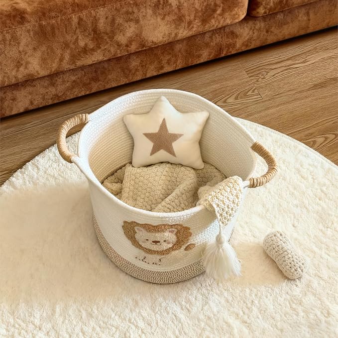 Toy Storage Basket(12"x12"), blanket basket, Cotton Rope Woven Laundry Hamper with Cute Embroidered Dinosaur for Nursery, Living Room, Laundry (Lion)