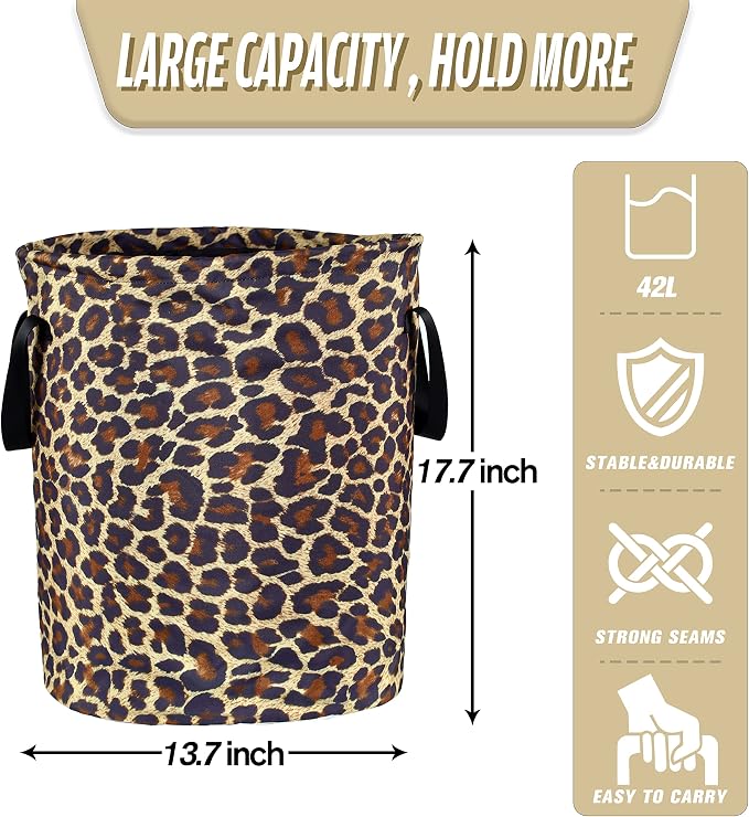 Brown Leopard Laundry Basket Foldable Oxford Cloth Funny Tote Bag Laundry Hamper Clothes Storage Bucket Organizer For Bathroom/Laundry Storage/Bedroom Storage Basket 18.9x16.5 Inch