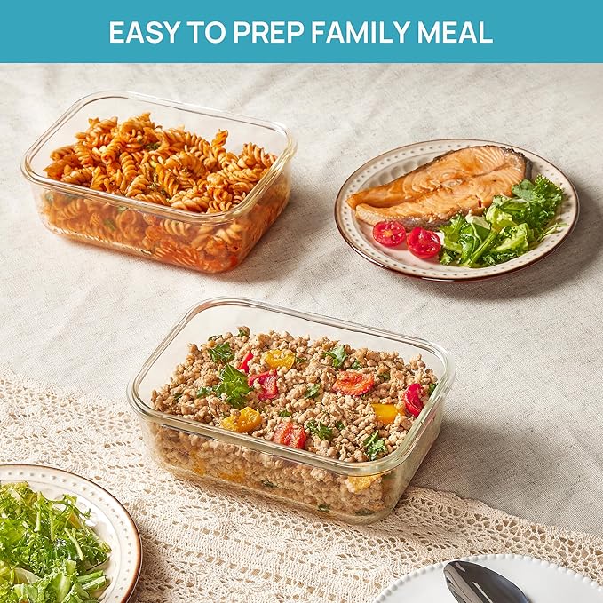 Vtopmart 2Pack 1860ml/63oz Large Glass Storage Containers With Lids, Green | Meal Prep Food Container Set with Snap Airtight Lid, For Baking, Microwave, Oven, Leak Proof, Freezer, Dishwasher, BPA Free