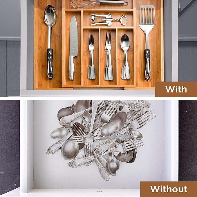 Bamboo Drawer Organizer - 8 Compartment Expandable Silverware Organizer and Utensil Holder, 17 Inch Long, 13 to 22 Inch Wide, 2 Inch Deep Kitchen Cutlery Tray Insert for Flatware Knives Large Utensils