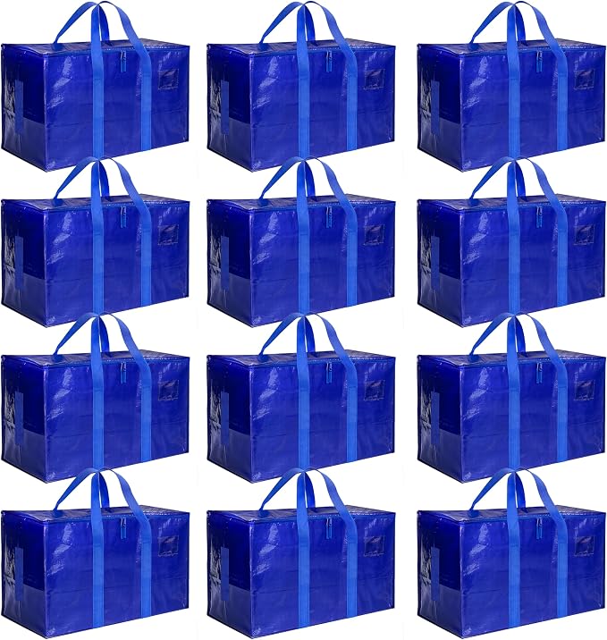 HealSmart 12 Pack Large Moving Bags with Zippers & Handles, Moving Supplies with lids, Heavy Duty Totes for Space Saving, Fold Flat, Moving and Storing, Blue