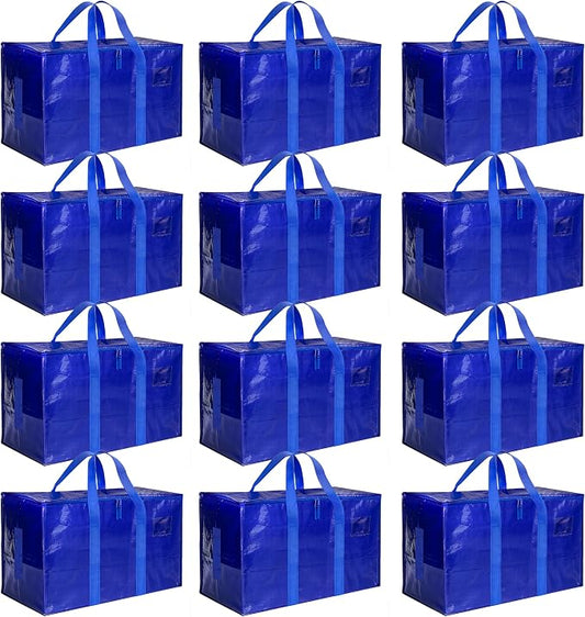 HealSmart 12 Pack Large Moving Bags with Zippers & Handles, Moving Supplies with lids, Heavy Duty Totes for Space Saving, Fold Flat, Moving and Storing, Blue