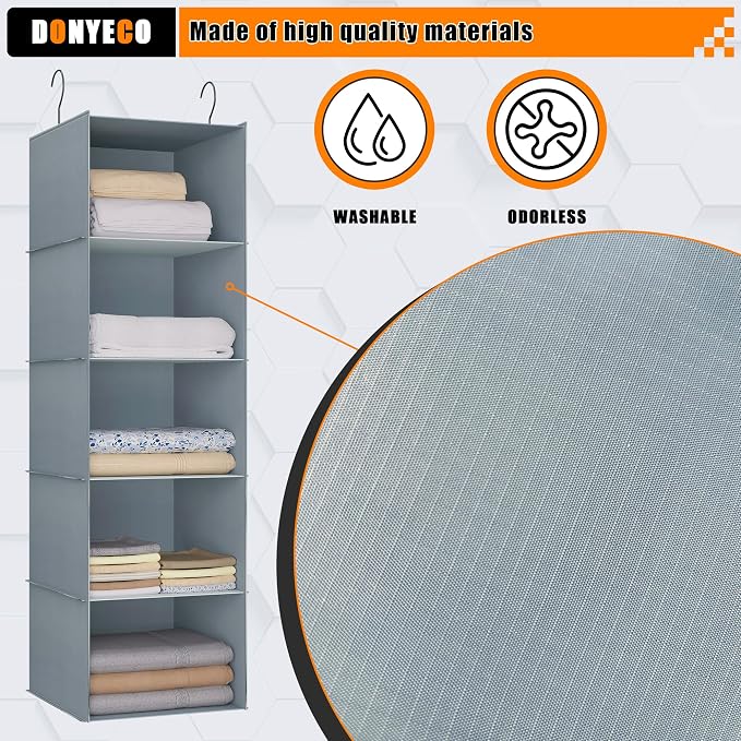 Hanging Closet Organizer 5-Shelf, Oxford Fabric Wardrobe Storage, Gray | Easy-mount foldable design holds clothes, handbags, shoes & accessories; washable Oxford fabric, sturdy and space-saving.