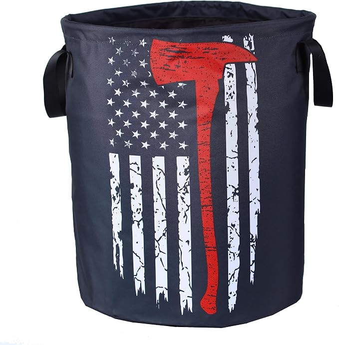 American Flag Red Line Ax Laundry Basket Firemen Foldable Oxford Cloth Funny Tote Bag Laundry Hamper Clothes Storage Bucket Organizer For Bathroom/Laundry Storage /Bedroom18.9x16.5 Inch