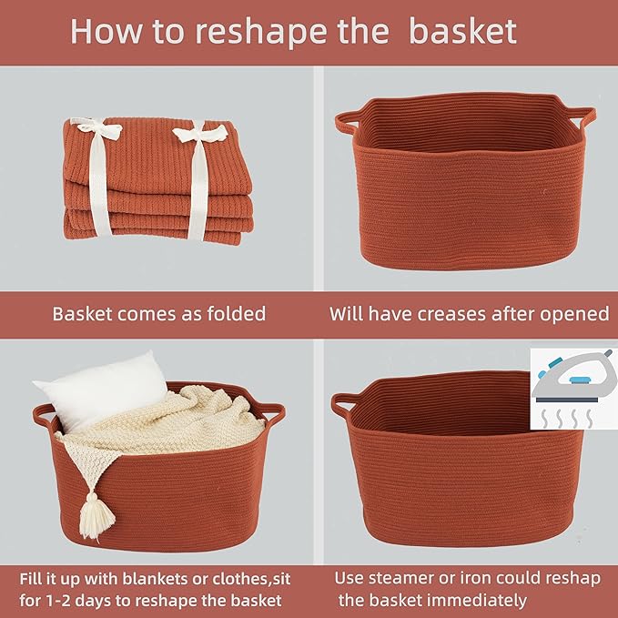 XUANGUO Large Rectangle Blankets Basket Living Room 22"x17"x12" Woven Cotton Rope Storage Baskets for Nursery Toy Baskets for Kids and Dogs Wicker Laundry Basket Bin for Clothes Towels rustic