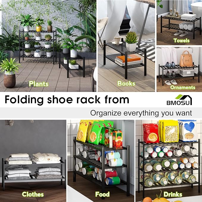 BMOSU 2-Tier Bamboo Shoe Rack Premium Stackable Shoe Shelf Storage Organizer for Hallway Closet Living Room Entryway Organizer (Black Bamboo)