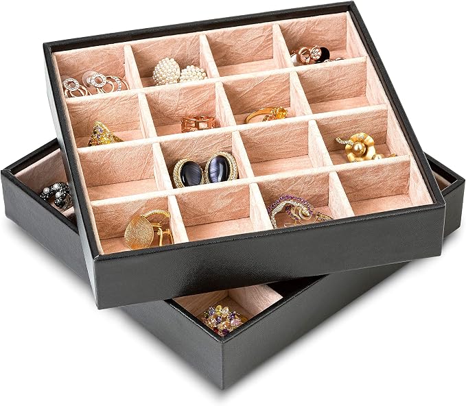 Glenor Co Earring Organizer Tray - Set of 2 - Stackable 32 Slots Jewelry Storage Trays - Display on Dresser or Drawer - Compatible with Other Trays - Black