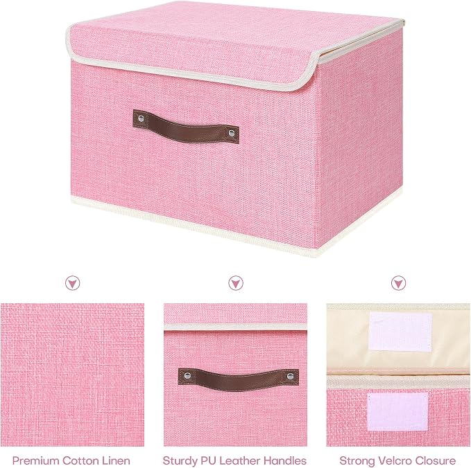 ANMINY 2PCS Storage Bin with Lid Storage Boxes with PU Leather Handles PP Plastic Board Decorative Foldable Lidded Cotton Linen Fabric Home Cubes Baskets Closet Organizer Container - Pink, Medium
