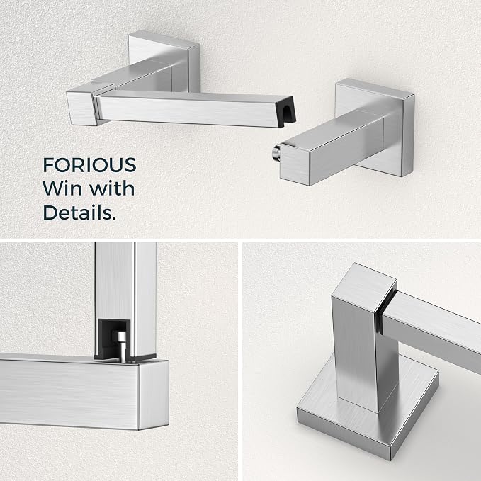 FORIOUS Toilet Paper Holder Set Wall Mount, SUS 304 Stainless Steel Pivoting Toilet Paper Holder and Towel Ring, Hand Towel Holder Set for Bathroom, Square Bathroom Hardware Set, Brushed Nickel
