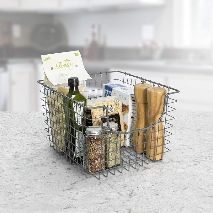 Spectrum Wire Scoop Basket Storage Bin Industrial Gray Nesting Metal Baskets Pack of 2 for Kitchen Pantry Closet Bathroom Garage Organization, Heavy Duty Wire Basket Organizer for Storage Decor