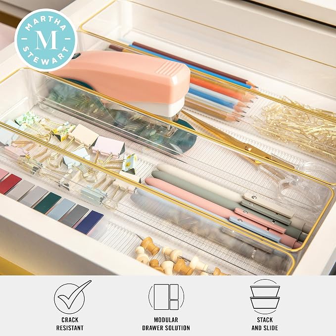 Martha Stewart Kerry Plastic Stackable Office Desk Drawer Organizers, 9" x 3", 8 Pack, with Gold Trim