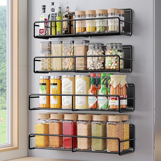 Mystozer 4 Pack Magnetic Spice Rack for Refrigerator, Magnetic Shelf Fridge Organizer for Kitchen Storage, Black