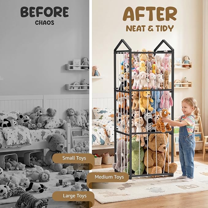 NomNest Stuffed Animal Storage Zoo, Large Metal Plushies Organizer, Heavy Duty Metal Teddy Bear Toy Holder for Kids' Bedroom & Playroom & Nursery (Non-Wheeled, Black)