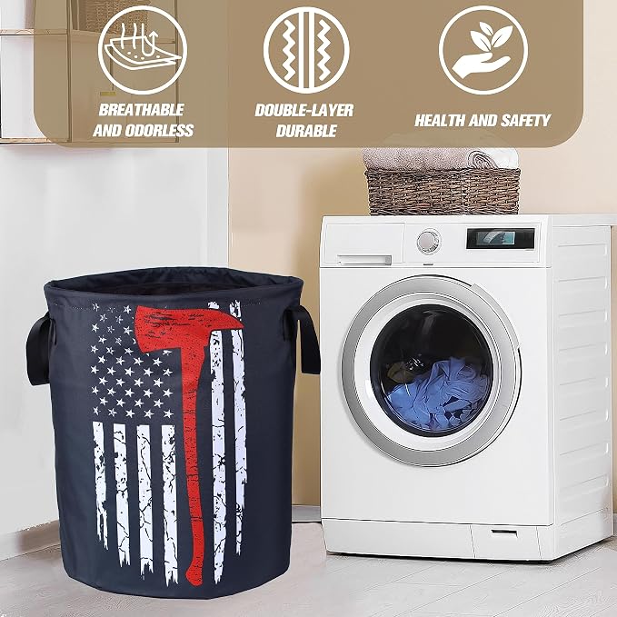 American Flag Red Line Ax Laundry Basket Firemen Foldable Oxford Cloth Funny Tote Bag Laundry Hamper Clothes Storage Bucket Organizer For Bathroom/Laundry Storage /Bedroom18.9x16.5 Inch