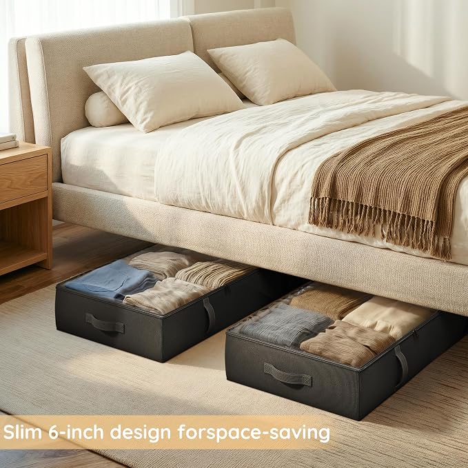 Vailando Under Bed Storage Containers, 6 Inches Tall 60L Underbed Storage Bins with Sturdy Handles and Sidewalls, Closet Organizer for Clothes, Blankets, Seasonal Items, Black, 2-Pack