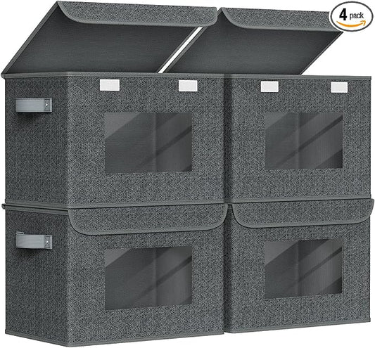 Univivi Fabric Foldable Storage Boxes with Lids [4-Pack] Large Stackable Storage Bins, Closet Organizers and Storage Cube Storage Organizer for Home, Office, Bedroom (Black, 17“ x 12” x 12")
