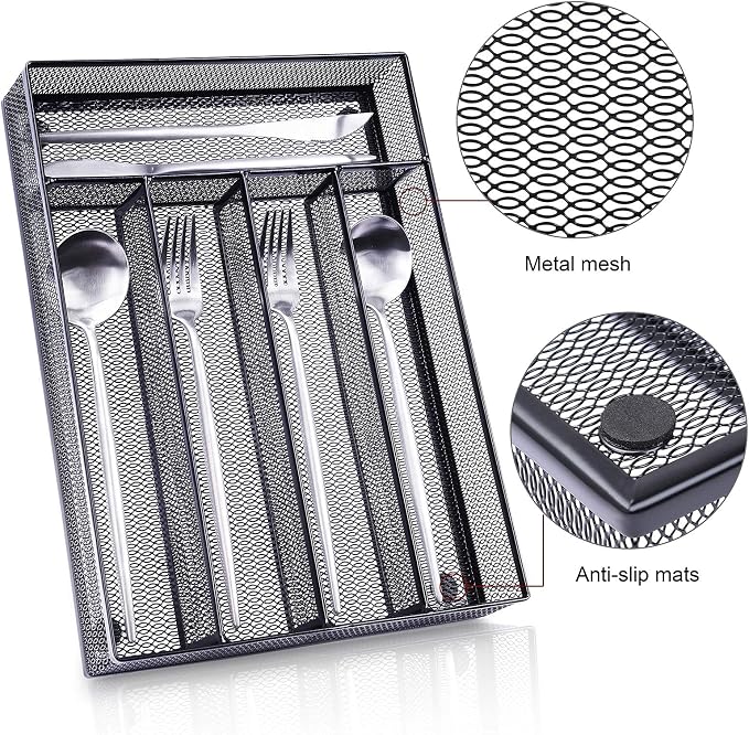 WuGeShop Silverware Drawer Organizer Black, Kitchen Drawer Organizer Metal Mesh Utensil Tray Non-Slip Cutlery Tray, 5 Compartments