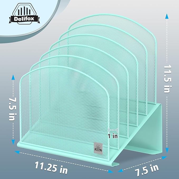Delifox Inclined Desk File Organizer,Vertical File Folder Holder Stand Metal Rack File Sorter for Office Classroom Desktop Organization (2, Aqua, 5)