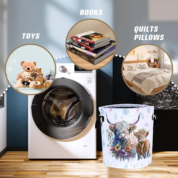 Highland Cow Laundry Basket Cattle Animal Foldable Oxford Cloth Funny Tote Bag Laundry Hamper Clothes Storage Bucket Organizer For Bathroom/Laundry Storage/Bedroom 18.9x16.5 Inch