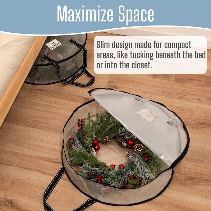 VENO 4 Pack Summer Wreath Storage Container, 24 Inch Clear Wreath Bag, Spring, Christmas Garland Decoration Organizers with Zipper and Durable Handles (Clear, 24"-4 Pack)
