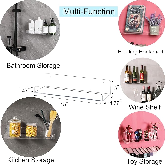 Sooyee Acrylic Shelves,4 Pack 15 Inch Floating Wall Mounted Shelves, Funko Pop Display Case,Invisible Kids Book Shelf,Picture Ledge Shelf Decor, Bathroom Shelf,Clear