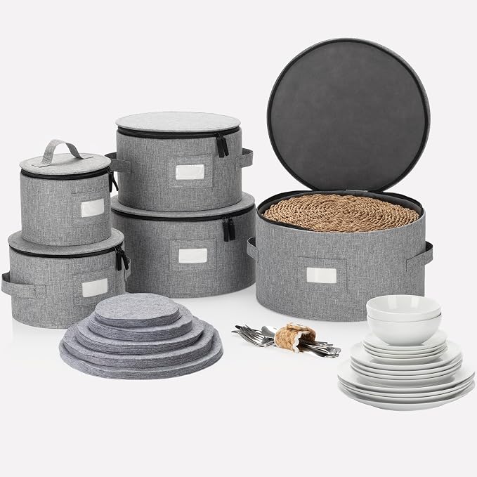 Stack Store Plus More 5PC China Storage Cases for Dinnerware - 13"-12"-10"-8.5" and 7" wide - 60 Plate Separators Included