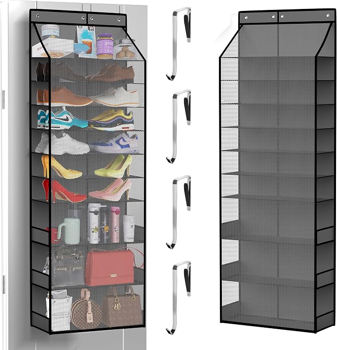 PAULONE Over the Door Organizer Heavy Duty – 96 Lbs Capacity 20 Pair Shoe Rack with Multi-Size Pockets Fits Tall Boots up to 11.8", Breathable Mesh, Metal Hooks – Also for Bags, Toys, Toiletries
