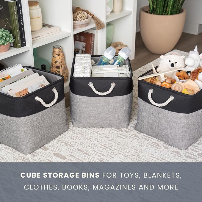 OrganiHaus 13x13 Cube Storage Bins 3 Pack, Foldable Cube Storage Organizer w/ Rope Handles, Collapsible Fabric Bins for Toys, Clothes & Closet Organization, Fabric Square Baskets - Gray/Black